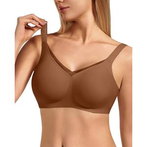 VQJ Women's Full Coverage Jelly Comfort Support Wireless Bra with Breathable V-Mesh, No Underwire Push Up Bralette, Seamless Everyday T-Shirt Bra (Cafe-3XL)