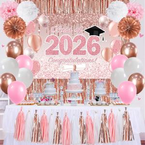 Pink Graduation Decorations Class of 2026, Rose Gold 2026 Graduation Party Decorations, Class of 2026 Paper Pompoms Paper Tassels Backdrop and Balloons for Class of 2026 Party Supplies