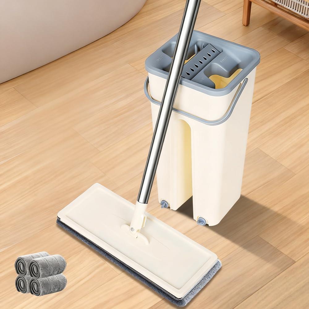 Mop and Bucket with Wringer Set, 4 Washable Microfiber Pads Included, Hands Free Flat Floor Mop and Bucket, Wet and Dry Use, Home Cleaning System for All Floor Types and Windows