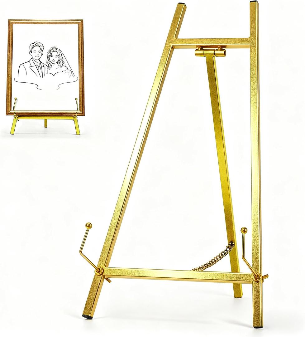 16.5" Metal Easel Stand for Sign Elegant Table Top Easel for Display, Heavy Duty Tabletop Picture Easel Stand for Wedding Sign, Picture Frame, and Art (Gold)