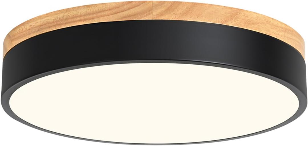 Modern Wood Flush Mount Ceiling Light, Black LED 5CCT 2700K-6000K Dimmable Ceiling Light Fixtures, Round Close to Lighting Fixture for Kitchen Entryway Hallway Bedroom Laundry Room-11.8in