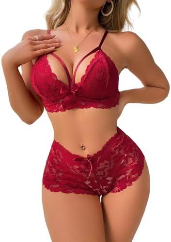 Lilosy Sexy Strappy High Waist Floral Lace Pajamas Lingerie Set Outfits S