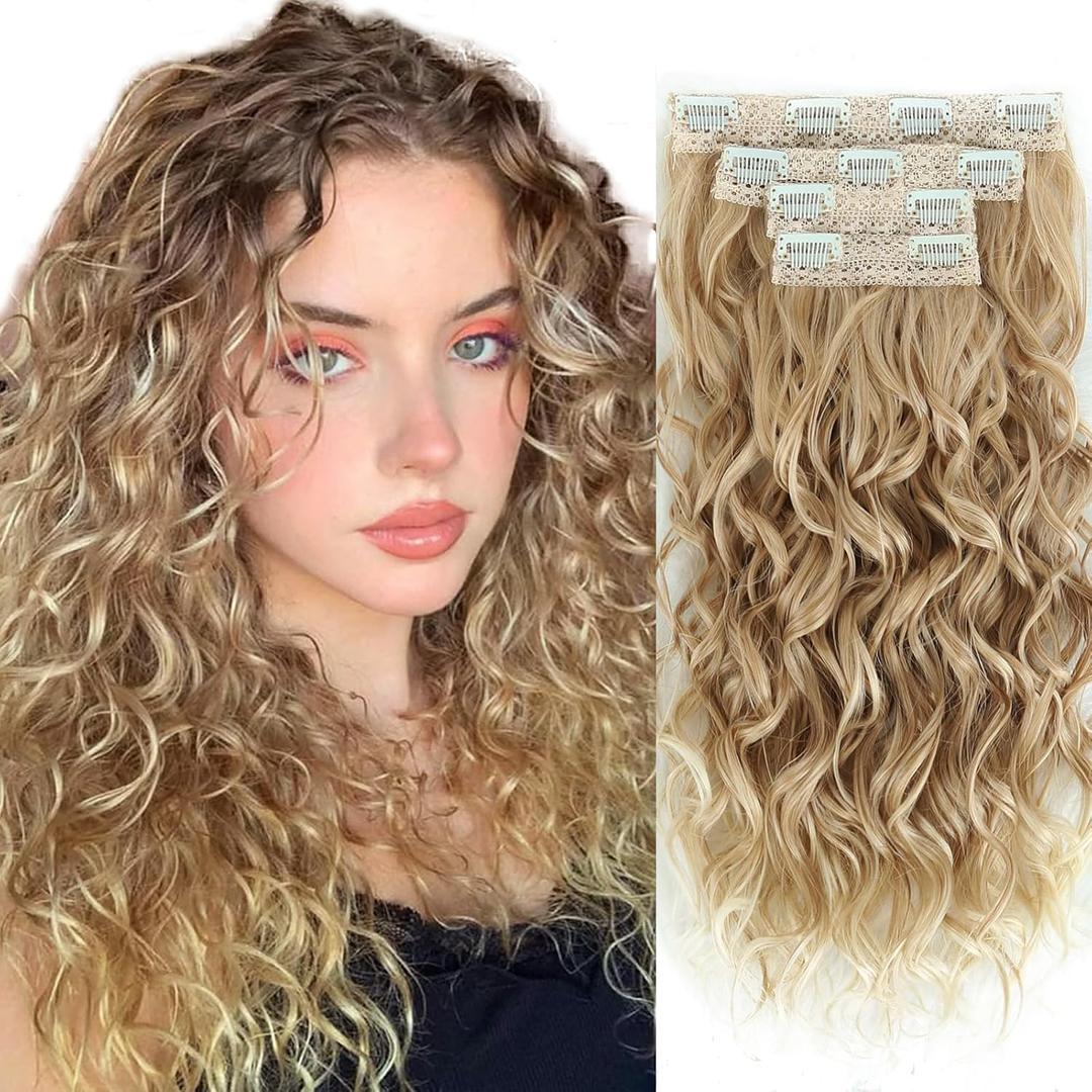 Curly Hair Extensions,LEOSA 4PCS 16 inch Clip in Hair Extensions Short Soft Natural Hairpiece Lace Weft Curly Wave Clip Ins Extensions Invisible for Women,Glden Light Blonde with Highlights