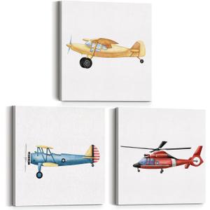 Set of 3 Airplane Nursery Transportation Framed Wall Art Aviation Decor Watercolor Vintage Plane Aircraft Canvas Paintings Prints Posters for Home Kids Toddler Boys Bedroom, 12x12 Inch