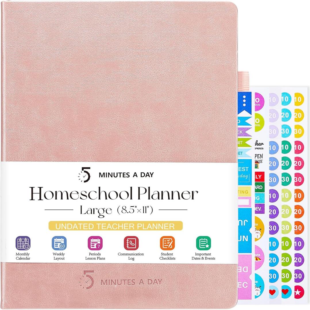 Homeschool Planner, Undated Teacher & Lesson Plan Book, Home School Planner for Mom, 8.5 * 11 Weekly Monthly Daily, Family & Homeschool Organization-Rose Gold