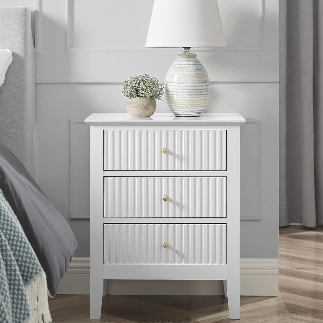 OCANDO White Bed Side Table with 3 Drawers 19" W, Bedroom Nightstand 24" H, Vintage Modern Night Stand, Living Room Fluted End Bedside Tables