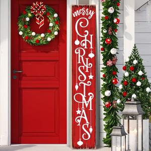 Christmas Wooden Porch Sign 47.2" Red Ornament Welcome Sign for Front Porch, Vertical Standing Outdoor Porch Decor for Home Front Door Yard Farmhouse Hanging Christmas Decoration