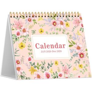 2 x Desk Calendar 2026, Desktop Calendar 2026 Standing Flip Cover 12 Month(January - December), Small Desk Planner with Stickers & Notes for Office Accessories and Home School Supplies, 8" x 6", Floral (Flowers)