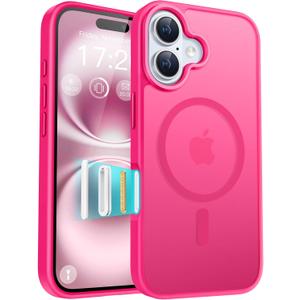 for iPhone 16 Phone Case, Compatible with Magnetic, Military Grade Drop Protection Translucent Matte Shockproof Anti-Scratch/Anti-Fingerprint Case for iPhone 16 (neon Pink)