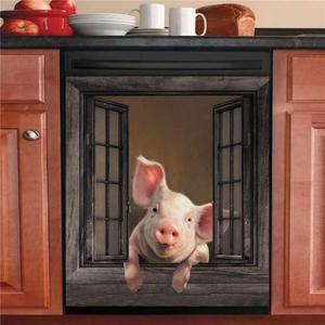Magnetic Funny Pig Dishwasher Sticker Kitchen Cabinet Panels,Farm Window Refrigerator Door Cover Sheet,Animal Fridge Manget,Home Appliances Decor Decals 23" Wx17 H