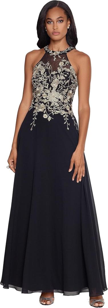 Betsy & Adam Women's Long Embroidered Halter Chiffon Gown (16, Black/Gold)
