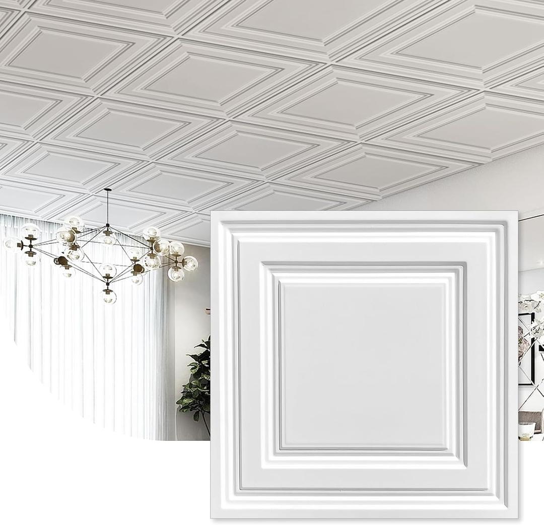 2ft x 2ft White Icon Relief PVC Ceiling Tiles，Drop Ceiling Tiles 24 x 24in - Waterproof，Washable and Fire-Rated - Reusable-High-Grade PVC to Prevent Breakage Cover 48 Sq. Ft, Pack of 12 Tiles