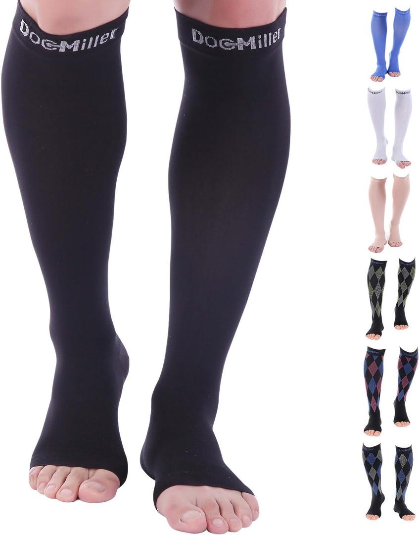 Doc Miller Calcetines de compresin de punta abierta, 30-40 mmHg, sin dedos, soporte de circulacin, grado mdico, calcetines, hombres y mujeres, par (Black)