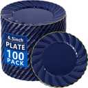 YOUBET 100 Pack Blue Scalloped Plastic Plates - 6.5 Inch Navy Blue Disposable Plates - High End Elegant Vintage Dessert Plate for Party & Weeding & Birthday