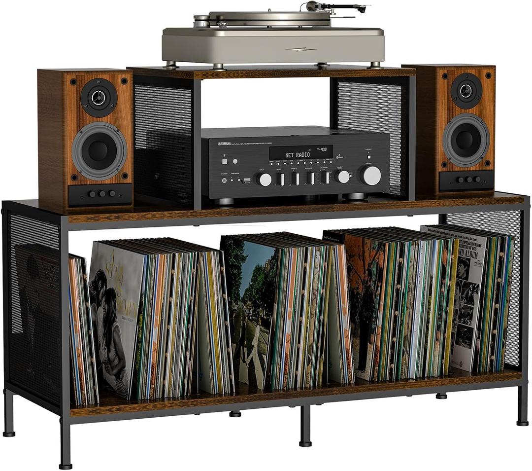 Spacious Vintage Record Player Table - Holds 150-250 Vinyl Albums, Adjustable Dividers, Side Display Areas - Ideal for Living Room, Bedroom, Office