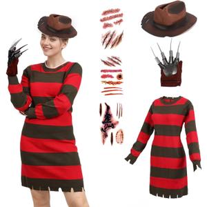 Halloween Costume Women Green And Red Striped Sweater Dress Hat Gloves Tattoo Horror Movie Nightmare Killer (M)