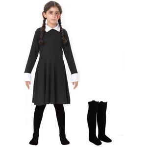 Halloween Wednesday Costume Girls Black Dress Black Long Sleeve Collar Costume with High stocking (7-9 years)