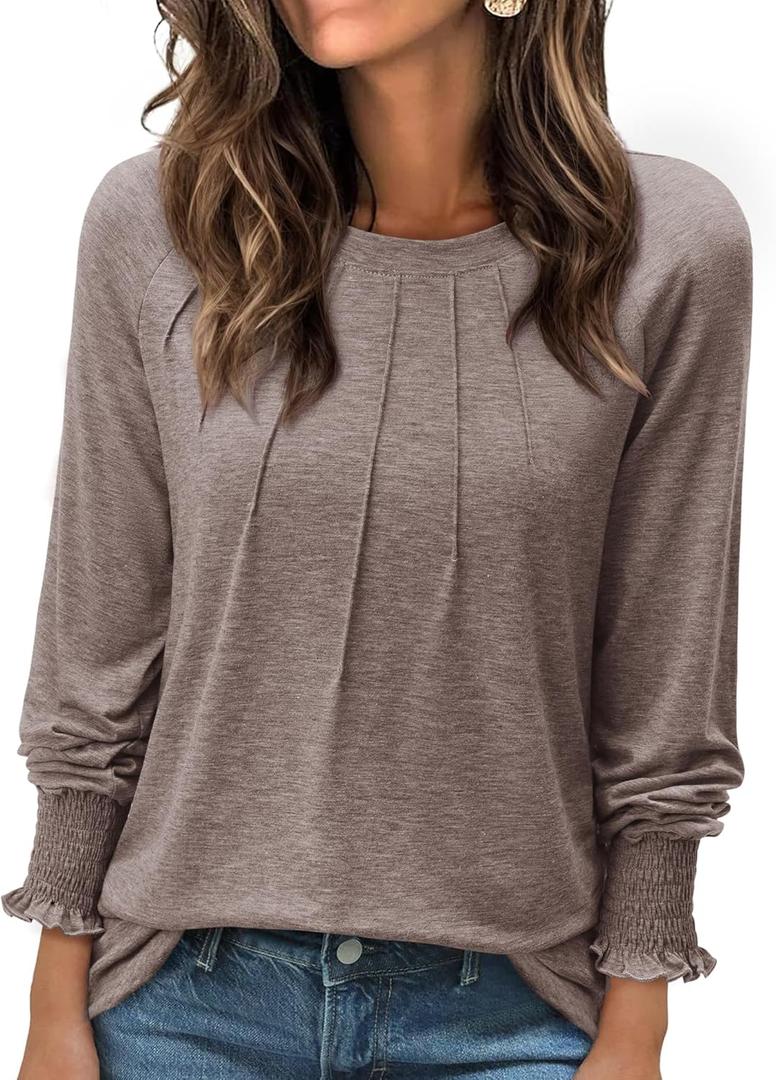Long Sleeve Shirts for Women 2026 Spring Dressy Casual Blouses Pleated Crewneck Tunic Tops for Leggings Cute Tee (Brown, L)