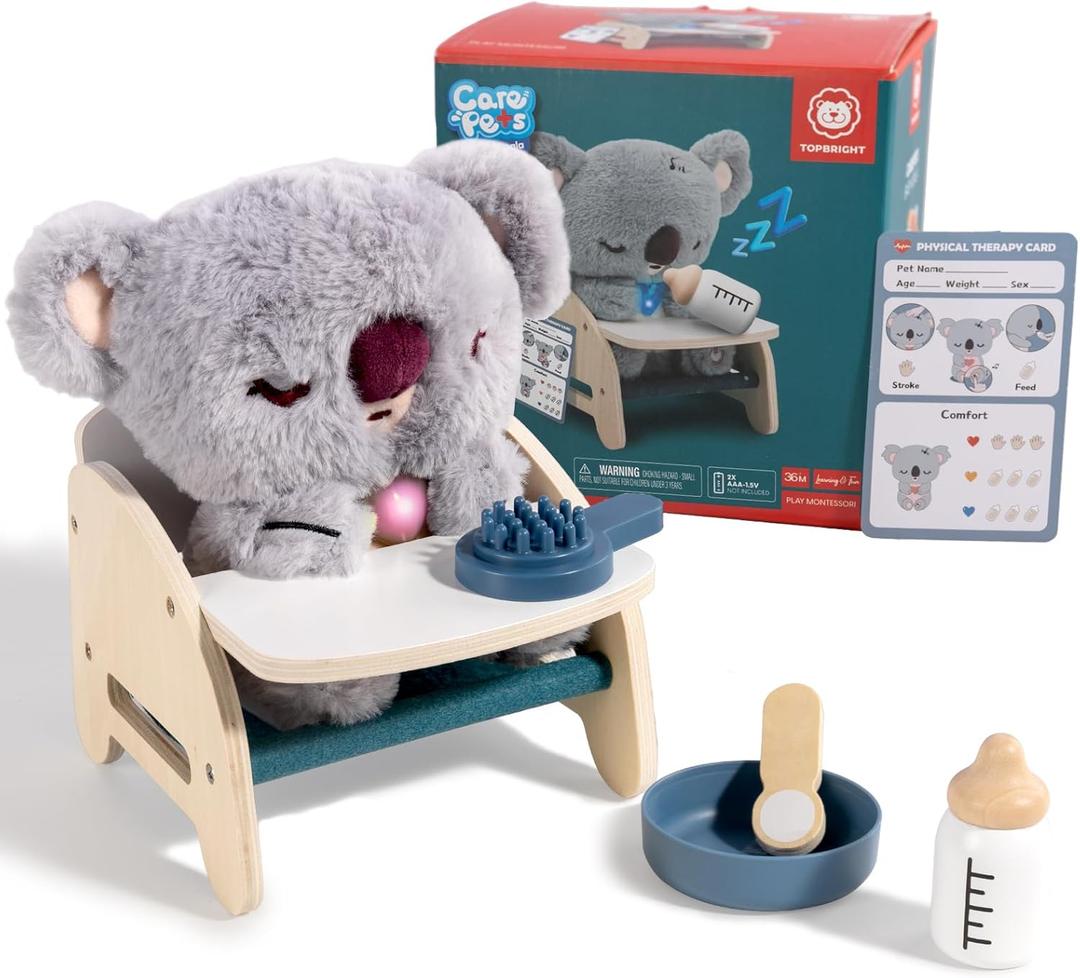 TOP BRIGHT Koala Toys for Kids 3-5, Emotional Learning Interactive Plush with Glowing Heart, Feeding Accessories, Sounds & Diagnosis Cards, Pretend Play Care Toy Gift for Girls and Boys