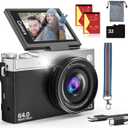 2025 New 4K Digital Camera for Photography and Vlogging, 64MP & 2.88" 180 Flip Screen Travel Cameras with 16X Zoom, 32GB SD Card, 2 Batteries, Anti-Shake, Perfect for Teens and Beginners (Black)