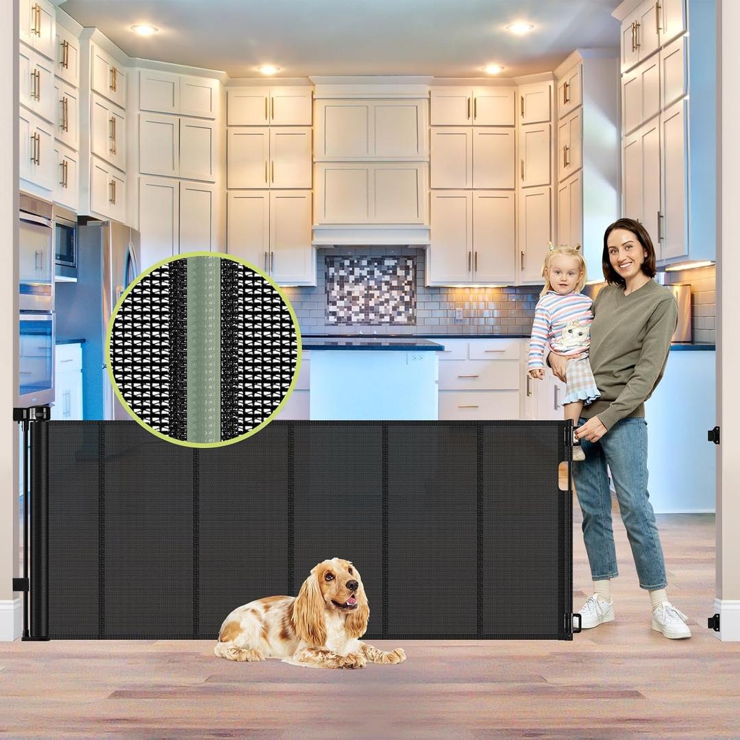 Reinforcement Strip Design 80 Inch Retractable Baby Gates Extra Wide Baby Gates for Large Openings Retractable Dog Gate for Doorway Mesh Dog Gate Indoor Prevent Babies/Pets from Crawling Under, Black