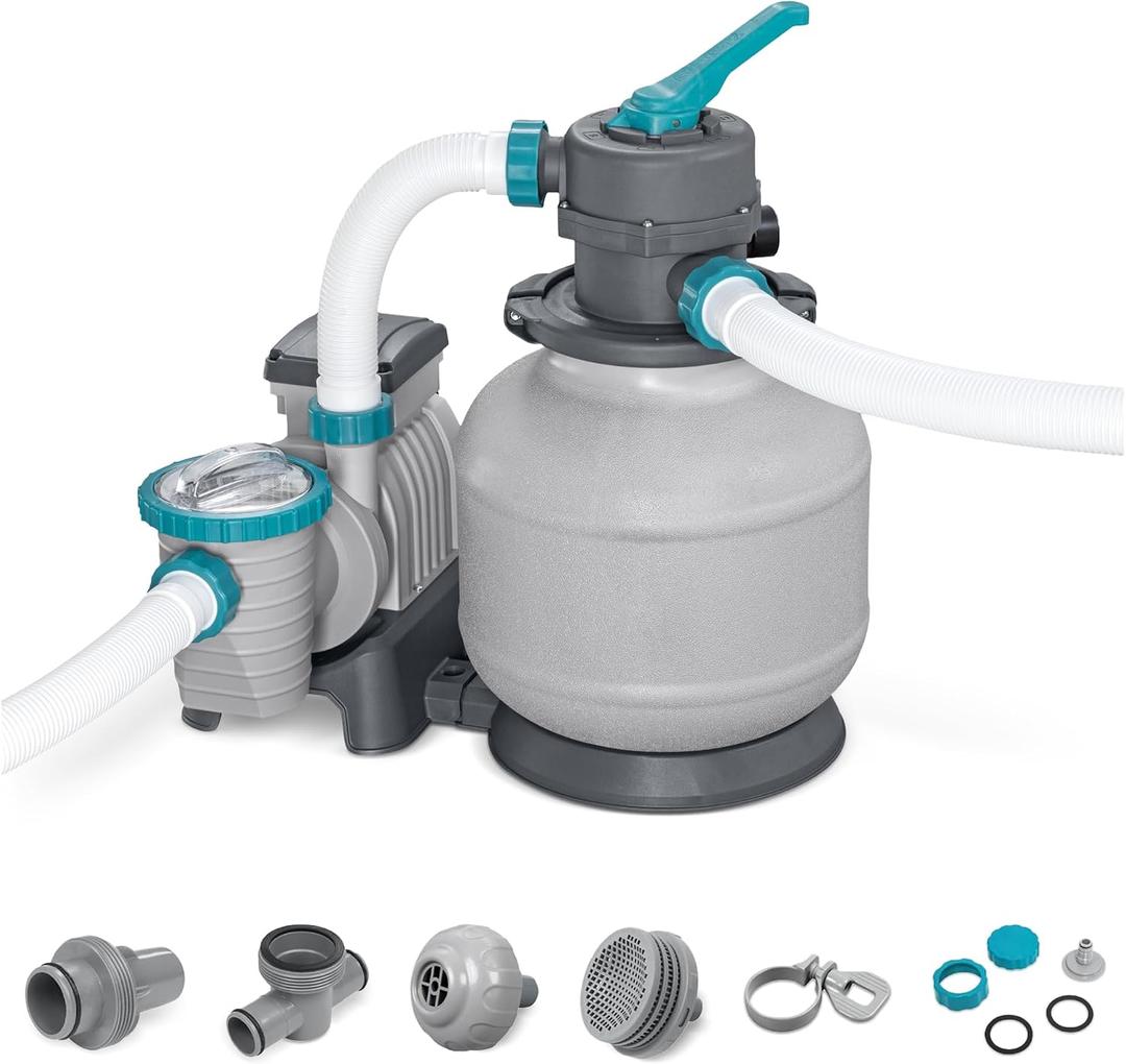 Bestway 2,200 Gallon Sand Filter Pool Pump for Above Ground Swimming Pools up to 14,400 Gallons with Pre-Filter Strainer Basket & Valve Adapter Set