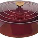 La Cuisine Enameled Cast Iron Oval Dutch Oven Casserole Dish Pot with Lid 6.75 QT Internal Matt Black Enamel Coating for bread baking, Gold-Plated Stainless Steel Lid Handle, Oven Safe up to 500° F. Cranberry