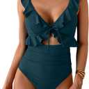 Eomenie One Piece Swimsuit for Women Tummy Control Ruffle Bathing Suit V Neck Ruched Swim Suit Slimming Cutout Swimwear (Blue, S)