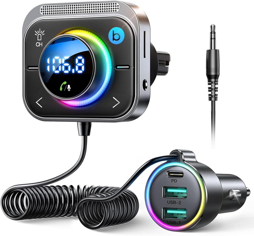 JOYROOM 66W Bluetooth 5.4 Car Adapter Aux with 3 Charging PortsPD 30W & 2 * 18WAir Vent Installation for Safe Deep HiFi Bass Player Wireless Radio FM Transmitter for Car with Colorful LED Light (Black)