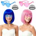 2 Pack Colored Bob Wigs and Heart Sunglasses Set, Blue Pink Short Straight Bob Wig with Bangs Neon Party Colorful Synthetic Hair for Women Men Halloween Costume Bachelorette Party Favors