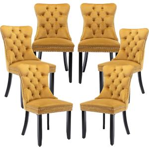 LKTART Dining Chairs Set of 6 Velvet Upholstered Tufted Back with Nailhead Trim and Back Ring Pull Solid Wood Legs for Kitchen Bedroom Dining Room Gold