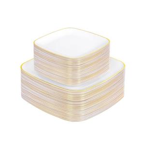 bUCLA 46PCS White Plates with Gold Trim - Heavy Duty White Gold Square Disposable - Include 20 Dinner Plates, 26 Dessert Plates, (10 inch Dinner & 7.25 inch Dessert) Plates for Party & Wedding