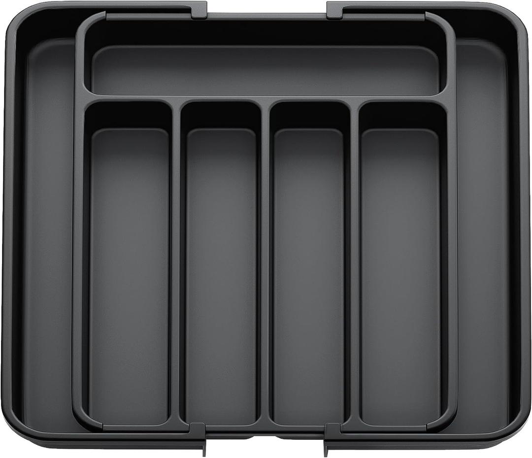 ZILAMGOO Expandable Cutlery Drawer Organizer, Adjustable Kitchen Silverware Organizer, Large Kitchen Cutlery and Flatware Tray for Knives, Forks, Spoons or Various Cooking Utensils (Large, Black)