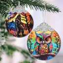 Colorful Owl Christmas Ornament - Stained Glass Hanging Decoration for Holiday Tree - Home Decor, Gift Exchange Idea