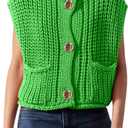Hvewarm Womens Casual Chunky Knit Vest Gold Button Down Crop Crochet Sleeveless Sweater Vest (Green-S), Small (Green, S)