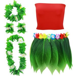Yahenda 6 Pcs Hawaiian Woman Costume Leaf Hula Skirt with Crop Top Flower Necklace and Leis Outfits for Summer Luau Party (Medium)