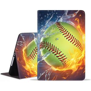 Case for iPad (A16) 11th Generation 11 Inch 2025, iPad 10th Generation 10.9 Inch 2022, Premium PU Leather Stand Folio Cover with Auto Sleep/Wake, Burning Softball Fire and Water