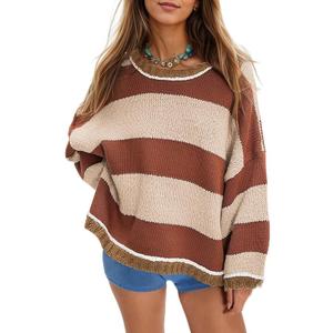 Nirovien Womens Oversized Sweater Colorblock Striped Sweater Chunky Cable Knit Crewneck Pullover Tops, Size L