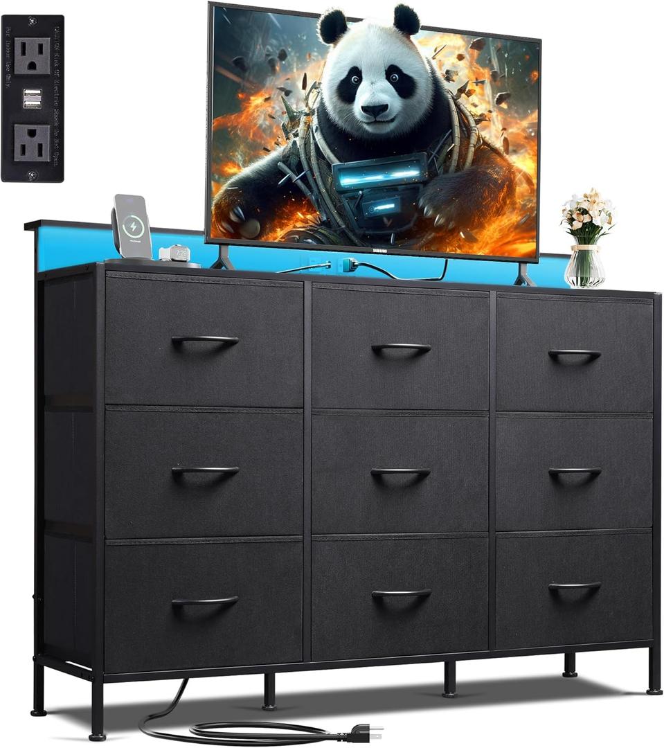 WLIVE Black Dresser TV Stand for 45, 50, 55 inch TV, Entertainment Center with LED Lights & Charging Station, Chest of drawers with 9 Fabric Drawers and Open Shelves for Living Room, Hallway, Wood Top