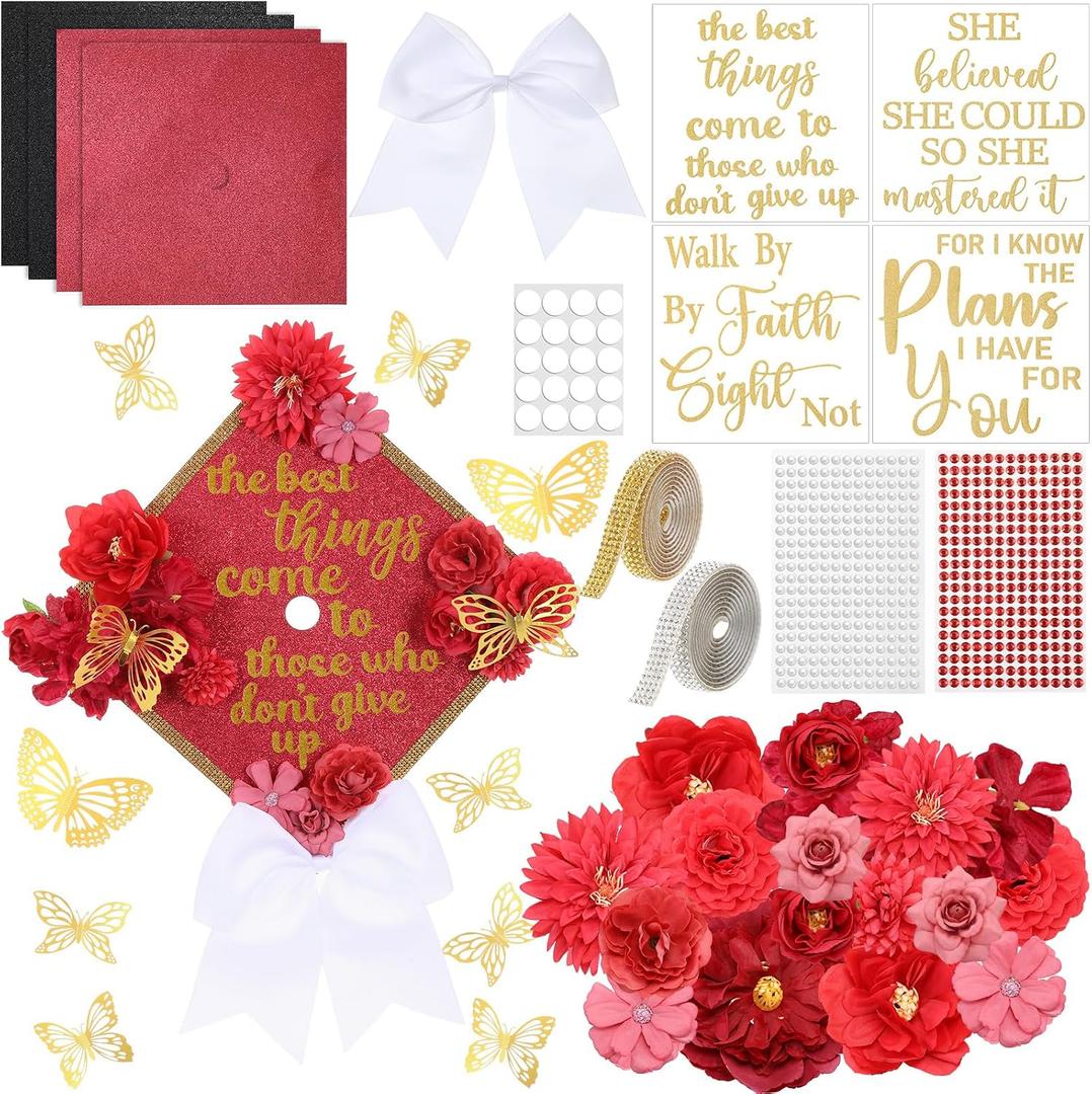 Gersoniel 42 Pcs DIY Graduation Cap Decorations Kit Include Faux Flower Heads Graduation Quote Glitter Sticker Bow 3D Butterfly Rhinestone Pearl Stickers for Grad Cap Topper Decor(Red)