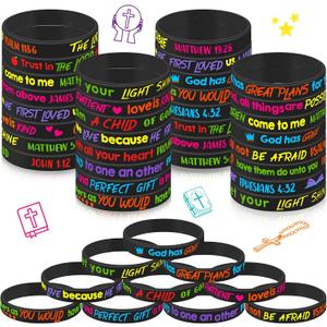 Gueevin 60 Pcs Bible Verse Bracelets for Kids Christian Scripture Bracelets Jesus Wristband Religious Motivational Kids School Gifts Classroom Prizes(Dark Color)