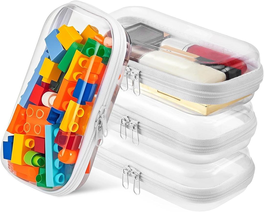4PCS Small Clear Hard Shell Zipper Case for Storage, 7.7"x4" Plastic Transparent Portable Zipper Pouches Travel Toy Organizer Bin, Cosmetic Bag for Organizing