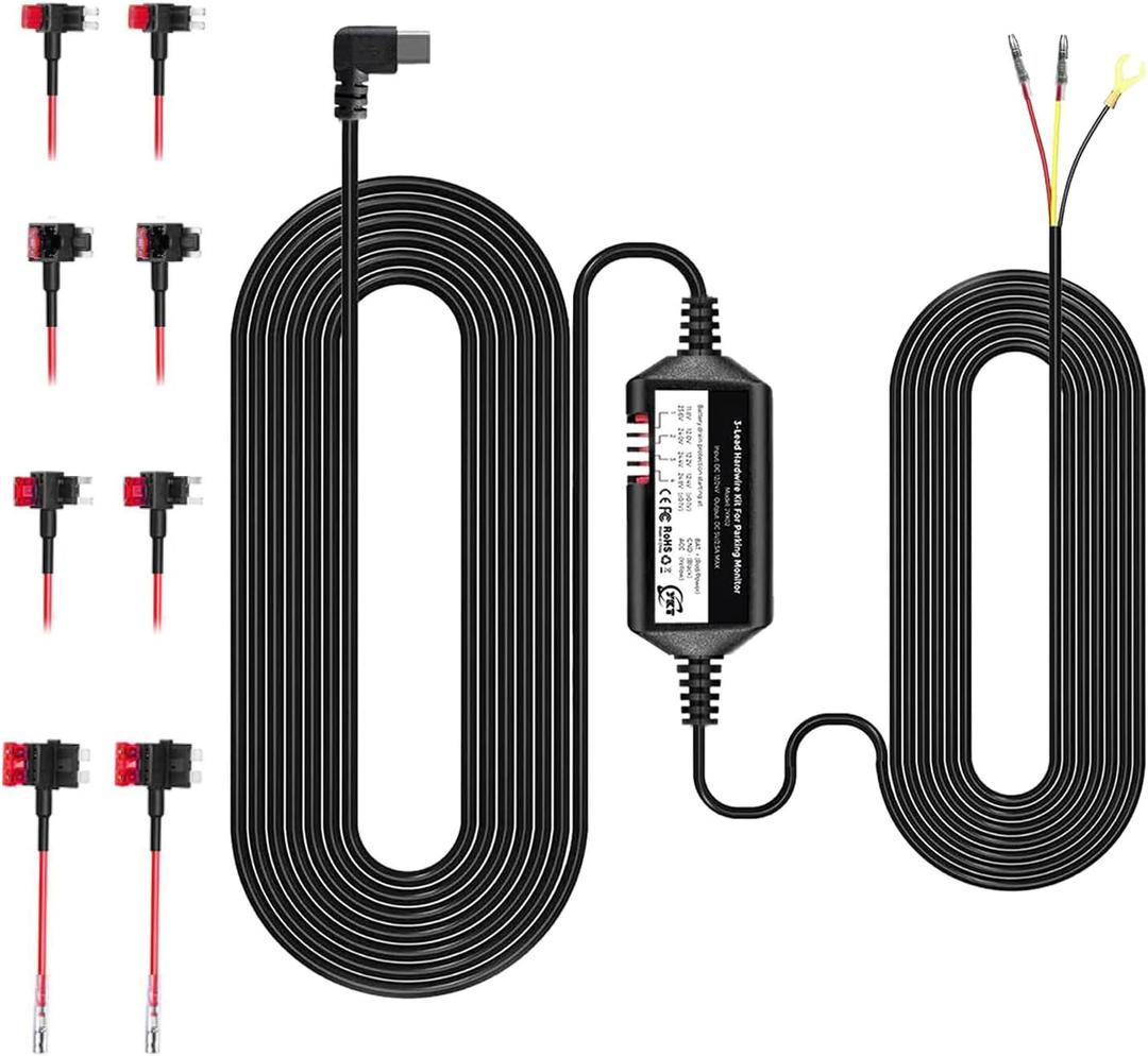 YKT Dash Cam Hardwire Kit, 12ft Acc Hardwire Kit for Dash Camera Type C 3-Lead Hard Wire Kit 12V-24V to 5V with Low Voltage Protection Car Dash Camera Charger Power Cord for Dashcam Radar Detectors