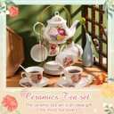 Zhehao 20 Pcs Porcelain Tea Set with Metal Holder and Spoon Adult Ceramic Tea Set European Flower Painting Teapot Cup Saucer Spoon for Women Mom Gift, Large Version (Groovy Style)