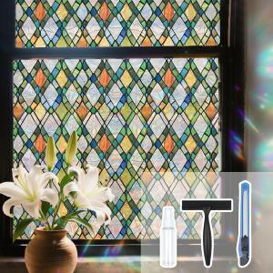 Lattice Stained Glass Window Film Static Cling with Tools - 35.4 x 78.7 Inch Non-Adhesive Privacy Decorative Rainbow Film for Windows, Doors, Sidelights - Easy Install & Remove