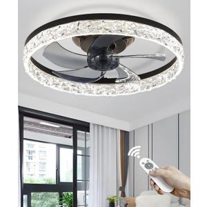 Ceiling Fans with Lights, 20 inches Black Flush Mount Ceiling Light with Reversible Fan 6 Wind Speeds Dimmable Seamless Color, Ceiling Light Fixture for Bedroom, Living Room and Kids Room