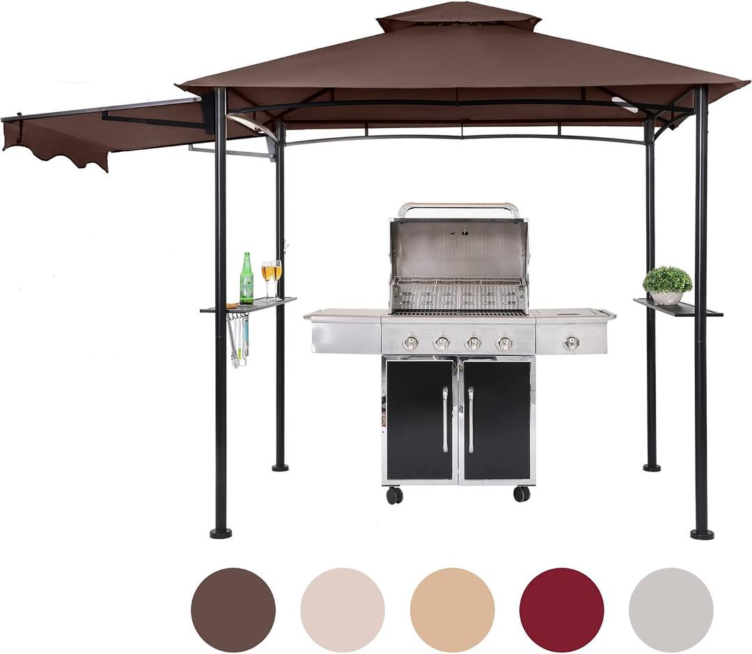 FAB BASED 5x8 Grill Gazebo with Extra Awning, All-Weather Steel Construction, Double Tiered & Resistant Canopy Roof, Metal Serving Shelves, 2 LED, Bottle Opener for Patio, Backyard, BBQ (Brown)