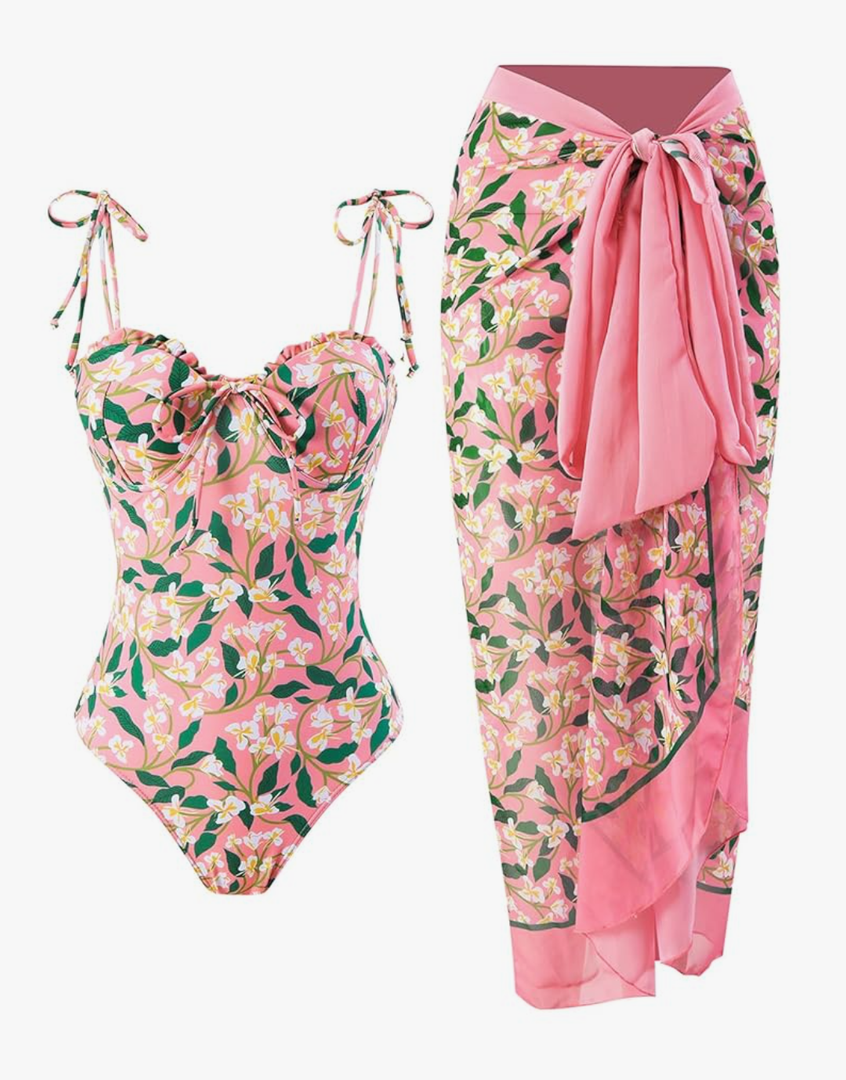 Womens One Piece Swimsuit with Cover Up Sarong Wrap Floral Bathing Suits 1 Piece Swim Suit with Beach Cover Up Set, L