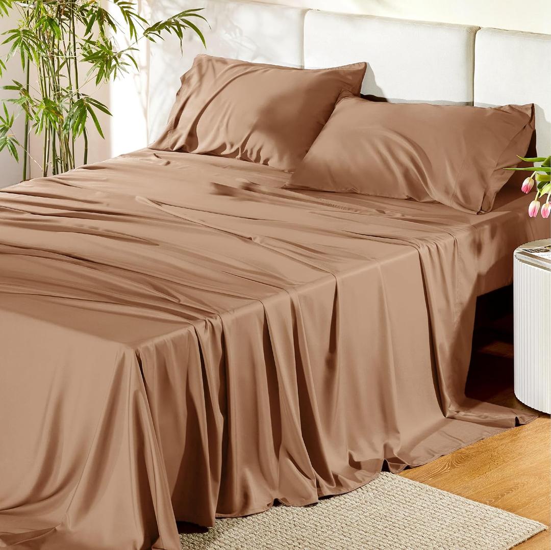 Bedsure Queen Sheet Set, Rayon Derived from Bamboo, Cooling Sheets, PureWoven, Breathable & Soft, Deep Pocket Up to 16 Inches, Hotel Luxury Silky Bedding for Hot Sleepers, Khaki