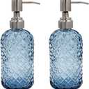 16 oz Diamond Pattern Glass Soap Dispenser, Kitchen and Bathroom Refillable Soap Dispenser with Rust Resistant Stainless Steel Pump for Hand Soap, Lotion Glass Liquid Dispenser(Blue - 2 Pack)